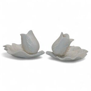 Vintage White Ceramic Tulip & Leaf Candle Holders